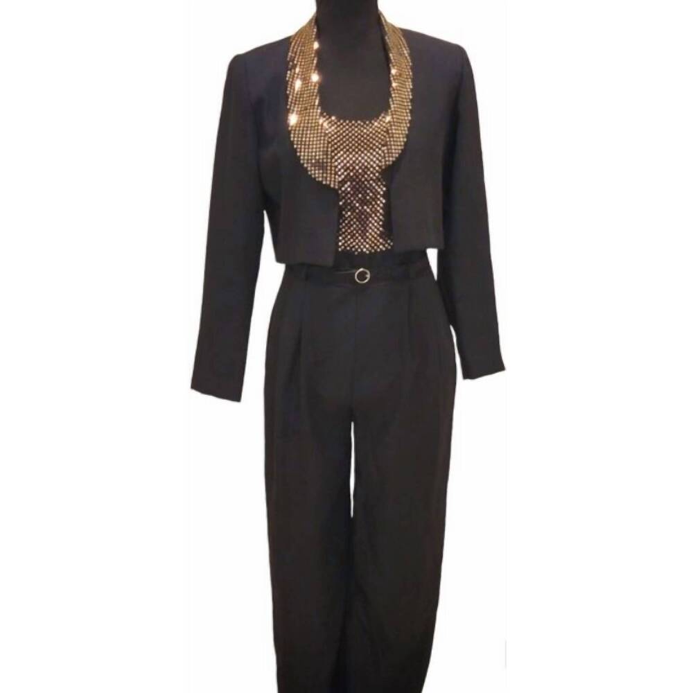 NEW JOHN ROBERTS women's sequined crop blazer and jumpsuit in black/gold